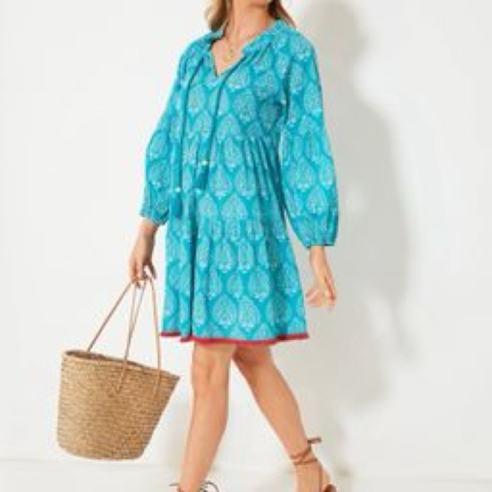 TUCKERNUCK Tropical Teal Lantern Block Print Tie Neck Coverup Dress